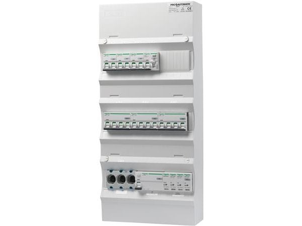 PRO-AUTOMATIC Ryhmäpaneeli valmiiksi asennettuna UG18 Valkoinen, D02, 1xHPFI 40A 30mA, 3xC10 1P+N, 1xC10/30mA 1P+N, 2xC13 3P+N, 1xC16 3P+N, 1xTrans...