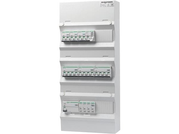 PRO-AUTOMATIC Ryhmäpaneeli valmiiksi asennettuna UG18 Valkoinen, HPFI 40A 30mA, 3xC10 1P+N, 1xC10/30mA 1P+N, 2xC13 3P+N, 1xC16 3P+N, 1xTransientti