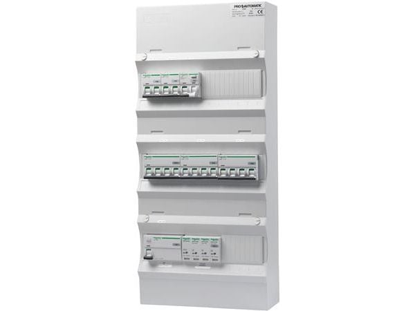 PRO-AUTOMATIC Ryhmäpaneeli valmiiksi asennettuna UG18 Valkoinen, HPFI 40A 30mA, 2xC10 1P+N, 1xC10/30mA 1P+N, 2xC13 3P+N, 1xC16 3P+N, 1xTransientti