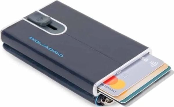 Piquadro Blue Square kortholder i lær med glidende system og glidelåslomme til mynter, PP5359B2R-BLU2, blå