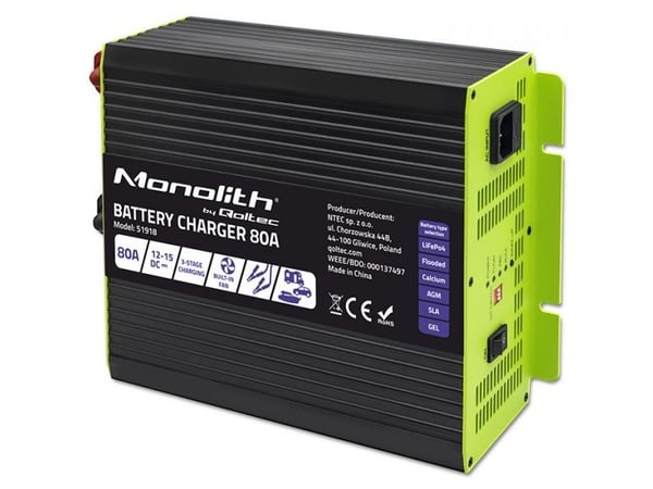 Qoltec Älykäs ammattimainen monoliittinen akkulaturi LiFePO4 AGM GEL SLA akuille | 80A | 12V | nopea lataus | nopea lataus Qoltec Älykäs ammattimainen monoliittinen akkulaturi LiFePO4 AGM GEL SLA akuille | 80A | 12V | nopea lataus | nopea lataus