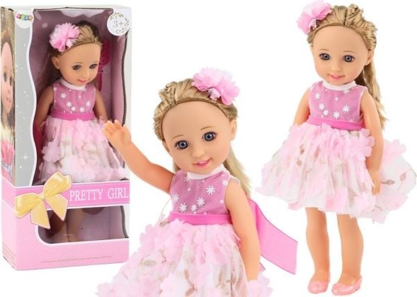 LeanToys docka – rosa klänning, långt hår, hårspänne, borste 38 cm