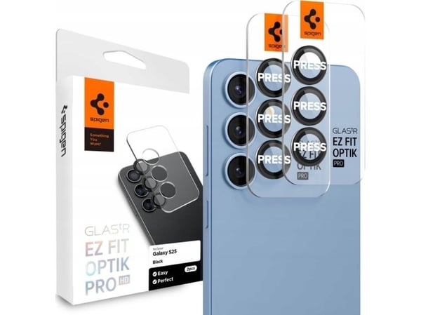 Spigen Glas.tR EZ Fit Optik Pro, Samsung, Galaxy S25, Støvresistent, Ripebestandig, Sort, Gjennomsiktig, 2 stykker