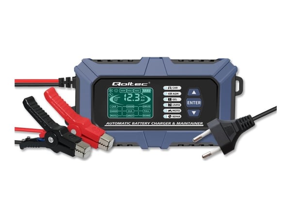 Qoltec mikroprosessoripohjainen laturi, jossa on akkutesteri ja korjaustoiminto 12V | 6A | LCD | Akkulaturi AGM LiFePO4 GEL-akkuille Qoltec mikroprosessoripohjainen laturi, jossa on akkutesteri ja korjaustoiminto 12V | 6A | LCD | Akkulaturi AGM LiFePO4 GEL-akkuille
