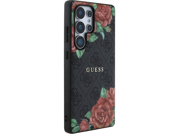 Guess Nahka 4G Flowers Print Metal Classic Logo MagSafe Samsung Galaxy S25 Ultra puhelimen tapauksessa musta