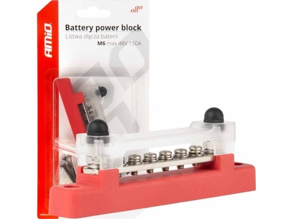 AMiO fordelingsblokk masse pluss skinne bussbar M6 12V - 48V 150A (AMiO-03810)