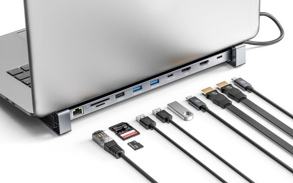 Manhattan 190398, Koblet med ledninger (ikke trådløs), USB 3.2 Gen 1 (3.1 Gen 1) Type-C, 100 W, 10,100,1000 Mbit/s, Grå, MicroSD (TransFlash), SD