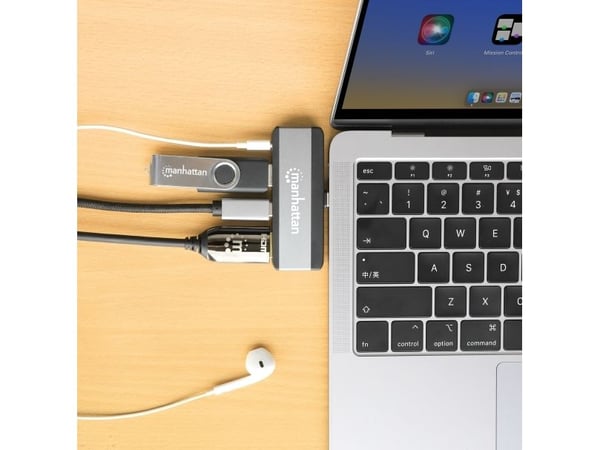 Manhattan 190404, Koblet med ledninger (ikke trådløs), USB 3.2 Gen 2 (3.1 Gen 2) Type-C, 100 W, 3,5 mm, Grå, 10 Gbit/s
