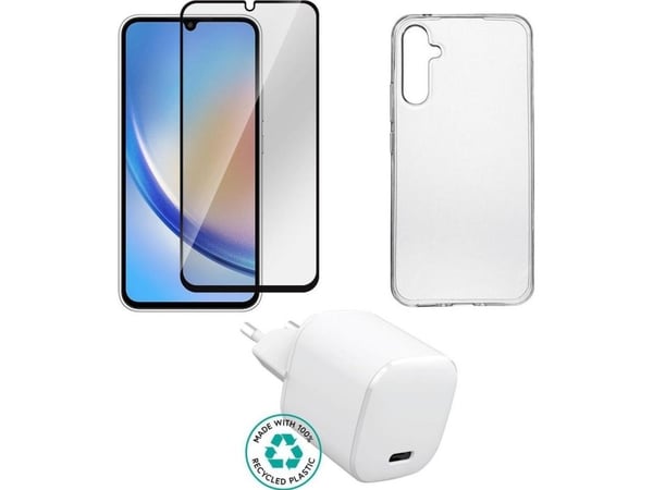 eSTUFF - Tilbehørssett for mobiltelefon - charger, cover, glass, brown box - for Samsung Galaxy A14, A14 5G