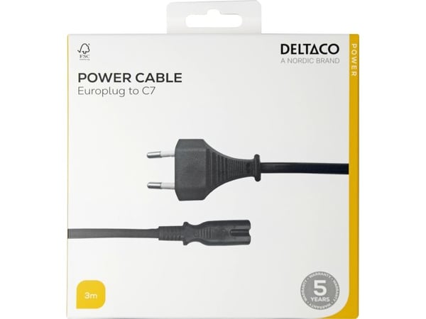 DELTACO - Virtajohto - Europistoke virtalähteeseen IEC 60320 C7 - 3 m - musta