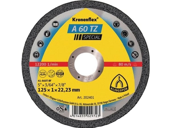KLINGSPOR kappeskive for metall 125 mm x 1,0 mm x 22,2 mm A60 TZ Special