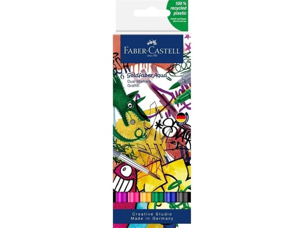 Faber-Castell Goldfaber Aqua Dual, Svart, Blå, Grønn, Lyserosa, Lilla, Gult, Grå, Fint, Resirkulert plast, Rund, Vann-basert blekk