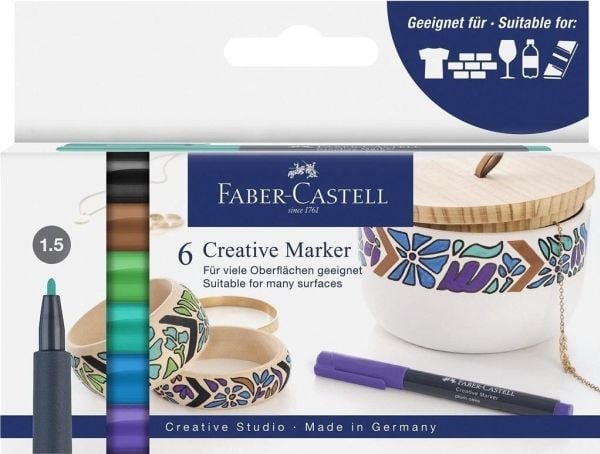 Faber-Castell Creative Marker, 6 stykker, Sort, Blå, Brun, Grønn, Turkis, Fiolett, Projektil spiss, Flerfarget, Rund, 1,5 mm