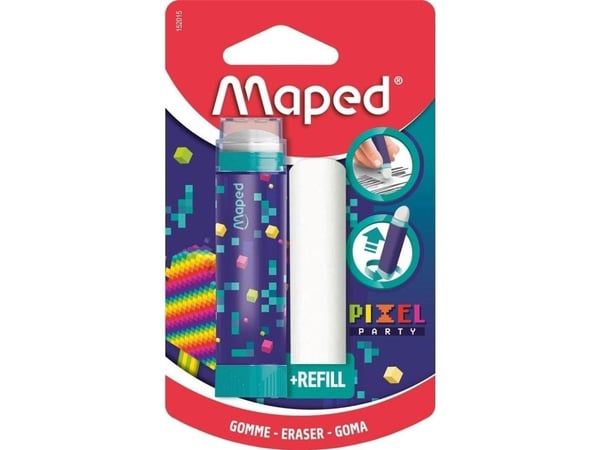 Maped suddgummi PIXEL PARTY + reservsuddgummi, blister i läppstiftsformat, suddgummi tas ut via vridsystem, 1 st (152015)