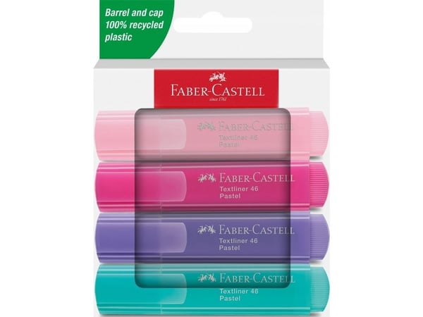 Faber-Castell Textliner 46 Pastell, 4 stk, Rosa, Rosa, Lilla, Turkis, Resirkulert plast, 1 mm, 5 mm, Vannbasert blekk