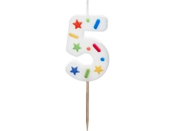 Bursdagslys 5 hvit konfetti 5,5cm Bursdagslys 5 hvit konfetti 5,5cm
