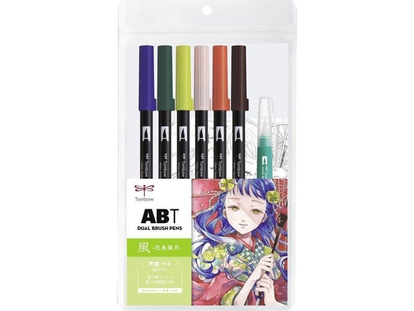 Tombow ABT-6P-MANGA-WIND, Sininen, Ruskea, Vihreä, Vaaleanvihreä, Vaaleanpunainen, Oranssi, Musta, ABT-555, -346, -133, -850, -905, -879, 6 väriä, ...