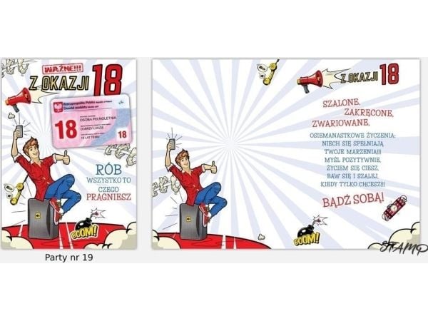Stamp partykort med klistremerker B6 + konvolutt Bursdag 18 wz19