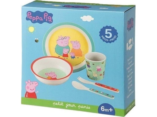 Petit Jour Paris sett med servise og bestikk 5 deler Gris Peppa Petit Jour Paris sett med servise og bestikk 5 deler Gris Peppa