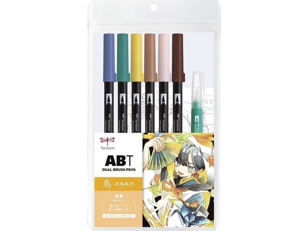 Tombow ABT-6P-MANGA-BIRD, vaaleanpunainen, sininen, pronssi, ruskea, vihreä, vihreä, keltainen, musta, ABT-515, -407, -025, -912, -761, -899, 6 vär...