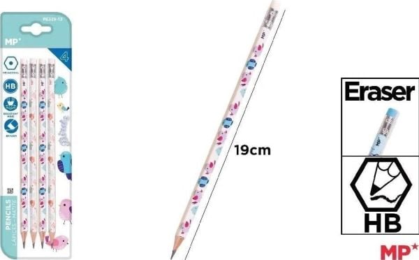 Bic blyant med viskelær HB, 4 stk, fugler
