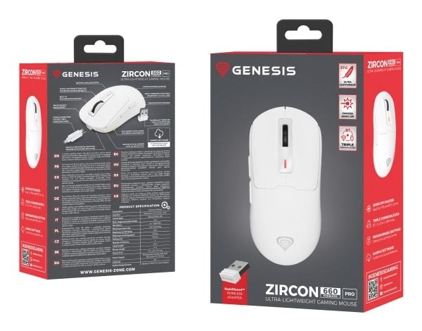 Genesis Zircon 660 Pro - Mus - optisk - 6 knapper - kablet, trådløs - USB-C, 2.4 GHz, USB-A, Bluetooth 5.0 - USB trådløs mottaker - hvit