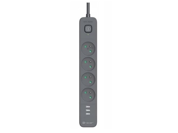Tracer PowerLine + - Effektband - mobilredo - AC 230 V - 3680 watt - utgångskontakter: 4 (4 x kraft Typ E, 3 x USB typ A) - 1.5 m sladd - grafit