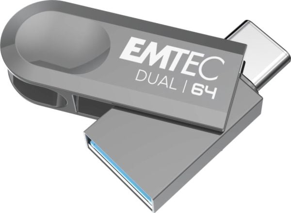 Emtec D280 Dual, 64 GB, USB Type-A / USB Type-C, 3.2 Gen 1 (3.1 Gen 1), Taittuva, Hopea