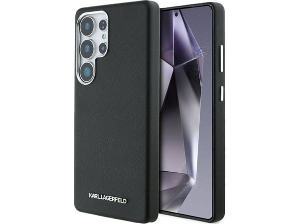 Karl Lagerfeld Saffiano Full-innpakket, langstrakt metalllogo MagSafe Samsung Galaxy S25 Ultra telefondeksel svart
