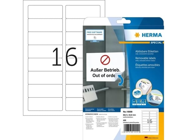 HERMA Special - Papir - matt - fjernbart selv-adhesiv - hvit - 88.9 x 33.8 mm 400 etikett(er) (25 ark x 16) merkelapper