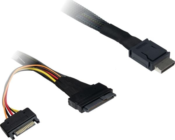 Inter-Tech - SAS intern kabel - SAS 32Gbit/s - OCuLink (SFF-8611) til SATA-strøm, U.2 (SFF-8639) - 75 cm