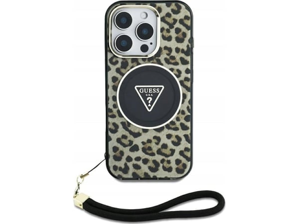 Guess HC IML Leopard Triangle Cord Strap MagSafe-mobilskal för Apple iPhone 16