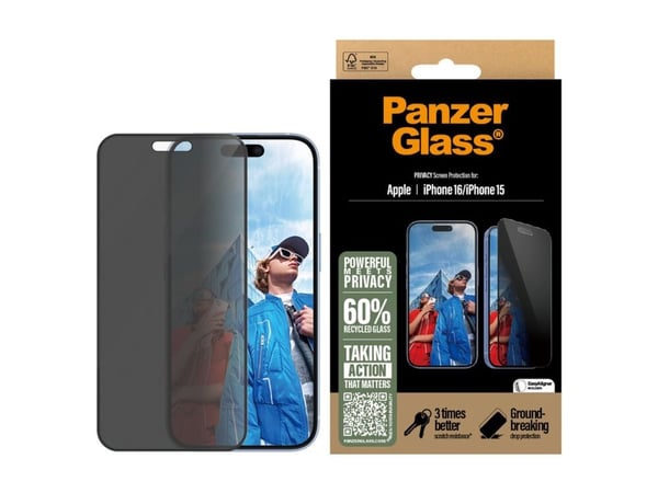 PanzerGlass ® Privacy Screen Protector iPhone 16 | 15 | Ultra-Wide Fit, Apple, Apple - iPhone 16, Apple - iPhone 15, Dry application, Scratch resis...