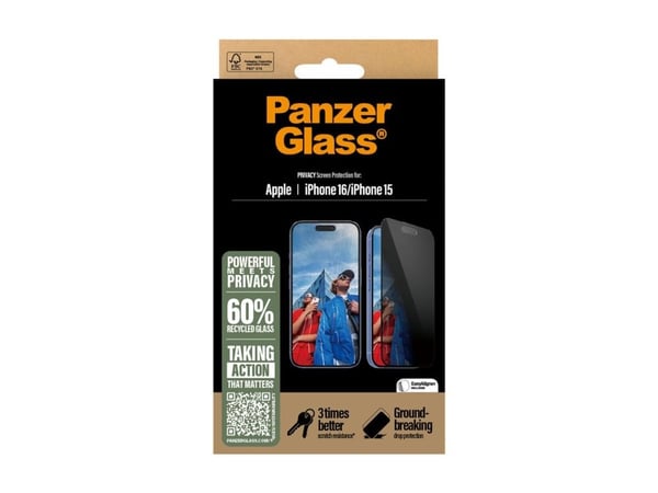 PanzerGlass ® Privacy Screen Protector iPhone 16 | 15 | Ultra-Wide Fit, Apple, Apple - iPhone 16, Apple - iPhone 15, Dry application, Scratch resis...