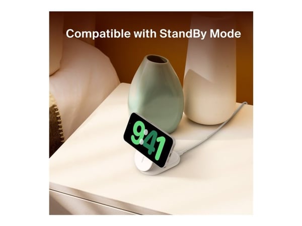 Belkin BoostCharge - Trådløst ladestativ - magnetisk, sammenleggbar, med Qi2 + AC-strømadapter - 15 watt - 3 A - Fast Charge, Power Delivery 3.1 - ...