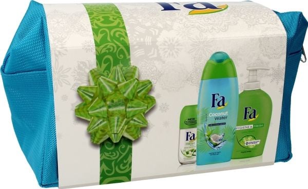 Fa lahja-kosmetiikkalaukku (Kookosvesi suihkugeeli 250ml+Deo roll-on Fresh 50ml+Hygieniasaippua 250ml )