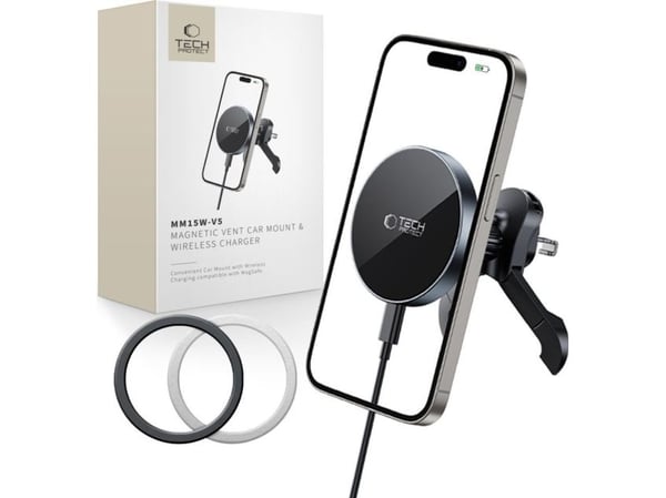 TECH-PROTECT MM15W-V5 magnetisk Magsafe-stativ till bilventilation med trådlös laddare 15W - svart/svart