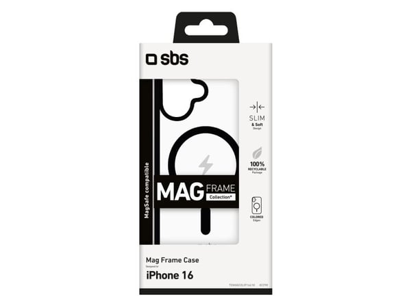 SBS Mag frame, Suojus, Apple, iPhone 16, 15,5 cm (6.1"), musta, Läpinäkyvä