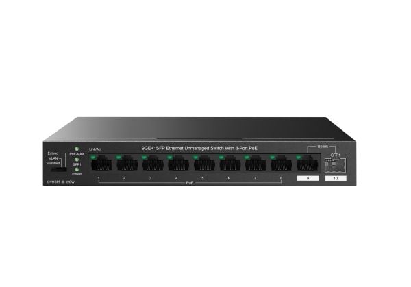 Tenda TEG1110PF-8-120W, Uhåndtert, Gigabit Ethernet (10/100/1000), Strøm over Ethernet (PoE), Kan monteres på vegg