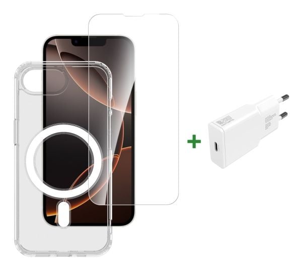 4smarts - 3-in-1 Premium Starter Set - baksidedeksel for mobiltelefon - MagSafe-samsvar - gjennomsiktig, hvit - for Apple iPhone 16e