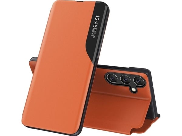 Eco Leather View-etui elegant med klaff og stativfunksjon for Samsung Galaxy A26 - oransje