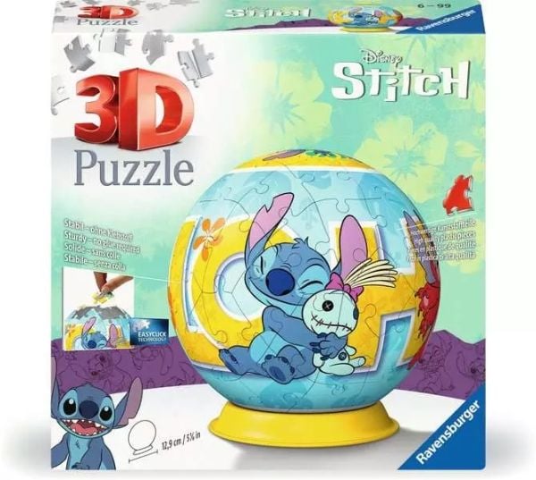 Ravensburger 3D Puzzle Ball: Disney Stitch, 73 stykker, Tegneserier, 6 år