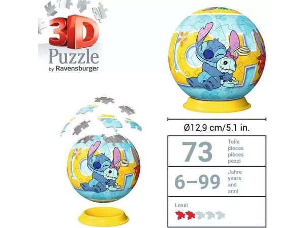 Ravensburger 3D Puzzle Ball: Disney Stitch, 73 stykker, Tegneserier, 6 år