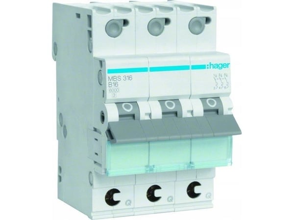 Hager MBS316, 16 A, B-tyyppi, 3 moduulia, -25 - 60 °C, -25 - 80 °C, 52,5 mm