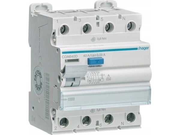 HAGER CDA640D RCD katkaisija 4P 10kA 40A 30mA TypA (CDA640D)
