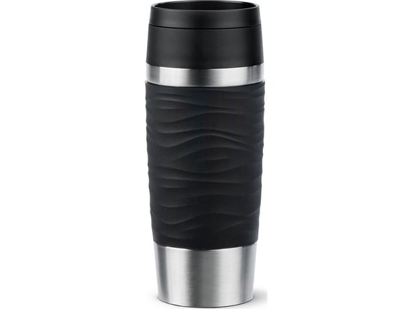 EMSA Travel Mug Waves, Svart, Rustfritt stål, Silikon, Rustfritt stål, Polypropylen (PP), 36 ml, 8,3 cm, 200 mm