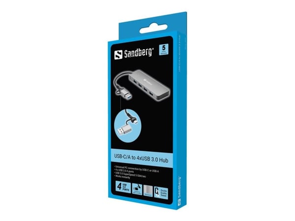 Sandberg USB-C/A til 4xUSB 3.0 Hub, USB 3.2 Gen 1 (3.1 Gen 1) Type-A + Type-C, USB 3.2 Gen 1 (3.1 Gen 1) Type-A, 5000 Mbit/s, Aluminium, Aluminium,...