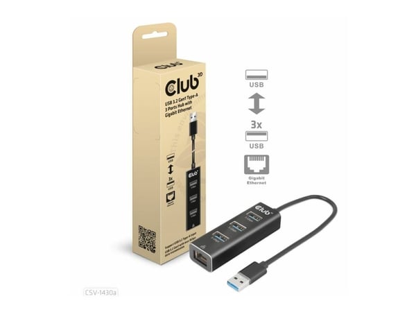 Club 3D CSV-1430A - Hub - 3 x USB 3.2 Gen1 + 1 x 10/100/1000 - stasjonær