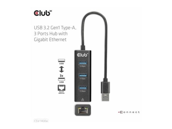 Club 3D CSV-1430A - Hub - 3 x USB 3.2 Gen1 + 1 x 10/100/1000 - stasjonær