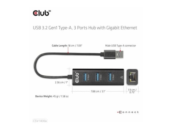 Club 3D CSV-1430A - Hub - 3 x USB 3.2 Gen1 + 1 x 10/100/1000 - stasjonær